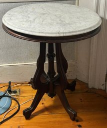 Antique Oval Marble Top On Walnut Lamp Stand, Sturdy, 23.5' X 18' X 28'H