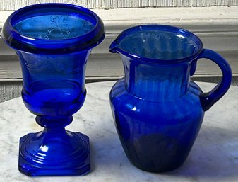 2 Pcs Vintage Colbalt Blue Glassware - Grecian Style Urn, 5' Diam. X 7.5'H And Hand Blown Pitcher With Pontil