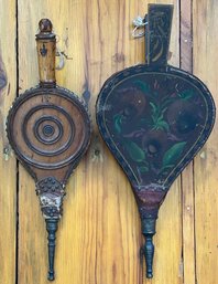 2 Pcs Antique Primitive Fireplace Bellows, Larger Pair Hand Decorated, Working Condition