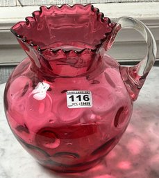 Vintage Fenton Cranberry Coin Dot Ruffled Rim Pitcher, 7' Diam. X 8'H