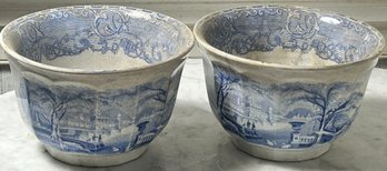 2 Pcs Pair Antique Early 1800s Blue Transferware On Paneled Ironstone Cache Pots, 6.5' Diam. X 4'H