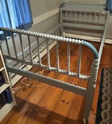 Vintage Jenny Lind Heirloom Spindle Spool Bed, In Pale Blue Paint, 48.75' X 82.5' X 43.25'H