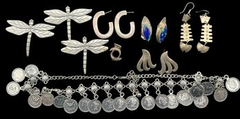 14 Pcs Some Marked Sterling, 3-Pewter Dragonflies With Magnets, 4-PR Earring, Coin Necklace And Dolphin Penda