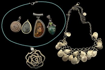 6 Pcs Jewelry 4-Pendants (2-Sterling .925), Amber, Other And 2-Necklaces Turquoise Beads & Rose And Other