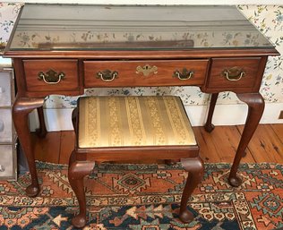 Solid Wild Black Cherry Wood 3-Drawer Dressing Table With Seat And Glass Top, By Virginia Galleries