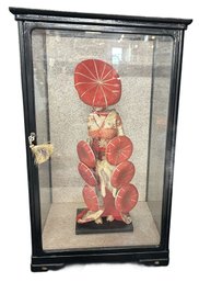 Vintage Japanese Seven Hat Kabuki Dance Doll In Red & Gold Embroidered Kimono, Glass Case, 13.5'11.5' X 21.5'H