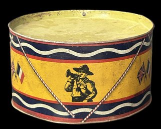 Antique Child's Lithograph Tin Drum With Bugler And British & French Flags, 6.25' Diam. X 3.5'H