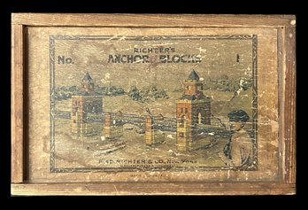 Antique Rickter's Anchor Blocks Stone Building Set In Wooden Box With Pictorial Sliding Lip, 8.25' X 5.25' X 2