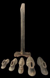 Antique (Patent Date 1890) Cast Iron Shoe Cobbler's Anvil With Five Assorted Cast Iron Shoe Lasts