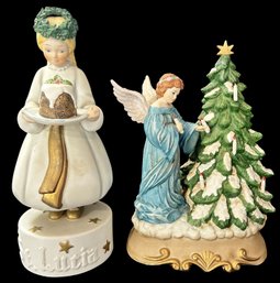 2 Pcs Porcelain Music Box Figurines - Dept 56 St Lucia 10.75'H And Christmas Angel