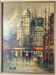 Vintage Framed Impressionistic Oil On Canvas Painting Of Parisian Street Scene, 19' X 23'H