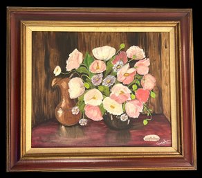 Vintage Framed Signed Painting Of Floral Still Life, On Artist Board, 31.5' X27.5'H