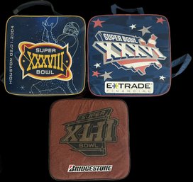 3 Pcs Official Super Bowl Seat Cushions, XLII, XXXVIII And XXXVI, Each With Zippered Pouch, 14' Sq