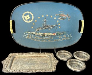 5 Pcs-Wallace Baroque Silver Plate Tray, 3-SP Rimmed Crystal Coasters & USS Massachusetts Tray, 17.75' X 11.75