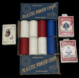 2 Sets Of Unbreakable Plastic Poker Chips And 3-Unopened Decks Of Playing Cards