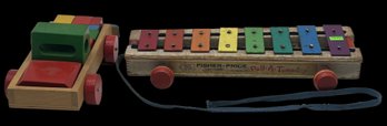 1964 Fisher-Price Pull-A-Tune Musical Toy And Wooden Car With Building Blocks, As Pictured