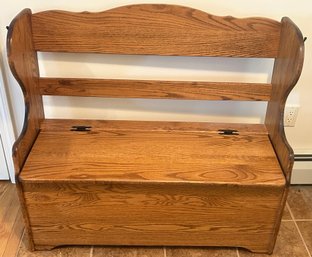 Vintage Oak Mudroom Bench With Shaped Sides, Slatted Back, Lift Top Storage, 43' X 17' X 35'H