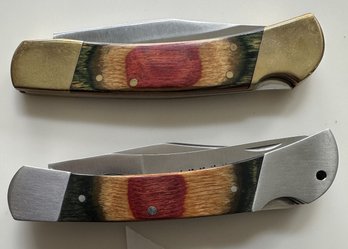 2 Pcs Vintage Folding Lock Blade Pocket Knives - China, Stained Wood Handles