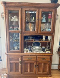 2 Pcs Richardson Bros. Oak China Cabinet - Upper Beveled Glass Lighted Display With Gallery & Buffet Base