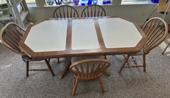 Dining Room Set - Octagon Wood & Corian Table & 6-Arrowback Chairs, 1-Leaf - 71' X 36' With 17.5' Leaf