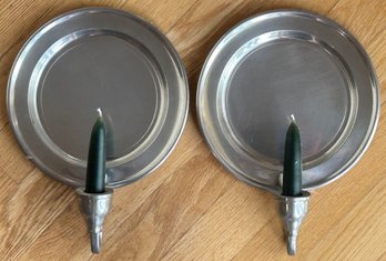 Pair Woodbury Pewter Taper Candle Wall Sconces With Reflective Backplate, 8' Diam. X 10.75'H