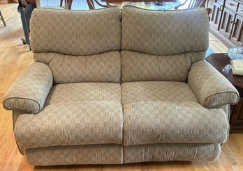 Newer Upholstered Over Stuffed Double Reclining Loveseat, Saddle Bag Arms, 60' X 36' X 40'H