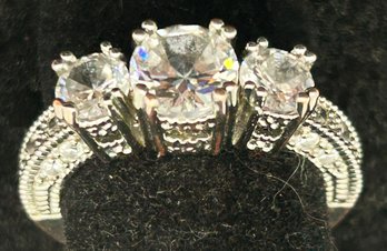 Gorgeous Size 8.25 10K White Gold Plated And 3-Stone CZ Ring, 2.84 Dwt