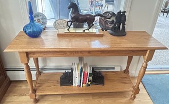 Quality Vintage Oak Console Table, Lower Shelf, Turned Columns On Peg Legs, 53' X 15' X 28.5'H
