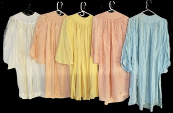 5 Pcs Antique Satin Ladies Smocks, Various Colors, Light Staining As Pictured