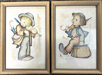 Two Hummel Prints: 'wanderer' And 'Little Fiddler' - Framed - Each 13 X 9'
