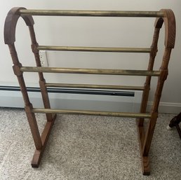 Vintage Oak & Brass Blanket Rack - 5-Brass Bars - 24.15.25' X 30'H
