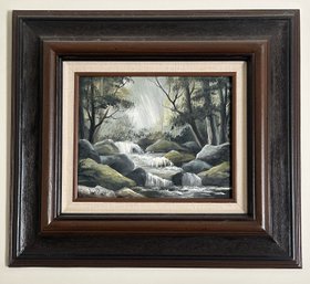 Vintage Framed Oil On Board Painting Of Stream With Gentle Water Falls, 18' X 16'H