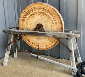 Antique Large And Heavy Foot Pedal Grinding Wheel On Wooden Stand, 41.5' X 13' X 35'H