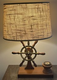 Vintage Nautical Themed Table Lamp With Yacht Wheel And Compass On Wooden Plinth, 16' X 10' X 25'H, Works