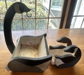 2 Pcs Painted Wooden Canadian Geese Themed Table Top Napkin Holder & Suspended Banana Holder, 10.5' X 9' X 14'