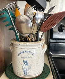 Vintage Spring Pottery , Newport, RI Utensil Crock, 6' Diam. X 6'H, With Utensil As Photographed