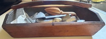 Antique Wooden Treenware Utensil Tote, 11.5' X 6.5' X 4'H, With Vintage Utensils