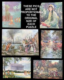 6 Antique Wooden Pastime Puzzles In Original Boxes, A Few Pieces Missing As Pictured