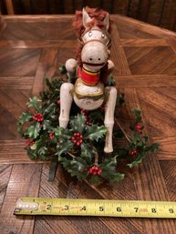 Vintage Wooden Horse Toy On Holly Wreath