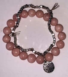Bracelet 7' Pink Quartzite & Sliver Tone Beads