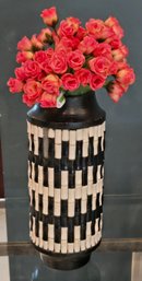 B & W Faux Bamboo Vase With Faux Mini Roses