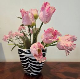 Zebra Vase With Decorative Pink Silk Flowers