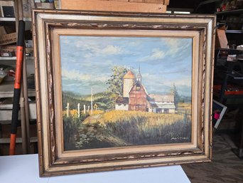 Original Signed Oil On Canvas Rural Barn & Silo Landscape, Signed 'A. Osting,' Ornate Gilt Wood Frame