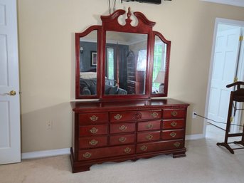 Chippendale-Style Cherry Triple Dresser With Trifold Mirror  13-Drawer Long Dresser, Carved Shell Detail