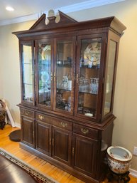 Traditional Cherry China Cabinet/Hutch  Broken-Pediment Top, Mirrored Glass Display, 4-Door Buffet Base