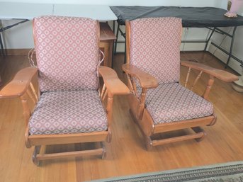 Pair Vintage Wood Platform Rocking Chairs – Retro 1970s Style Upholstered Rockers
