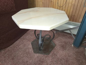 Vintage Faux Onyx Marble Top Accent Table W/ Scroll Metal Base – 19'