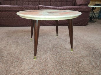 Vintage 1960s MCM Round Faux Marble Side Table – Pink Swirl – 23'