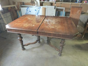 Antique 1930s Jacobean Revival Walnut Dining Table W/ Extension Leaf