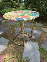 Vintage MCM Mod Floral Laminate Round Side Table Brass Tripod Base 27'